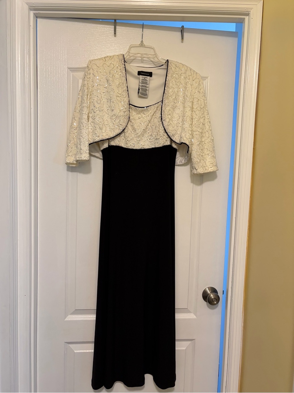 Black Evening Gown with White Sequin Bolero